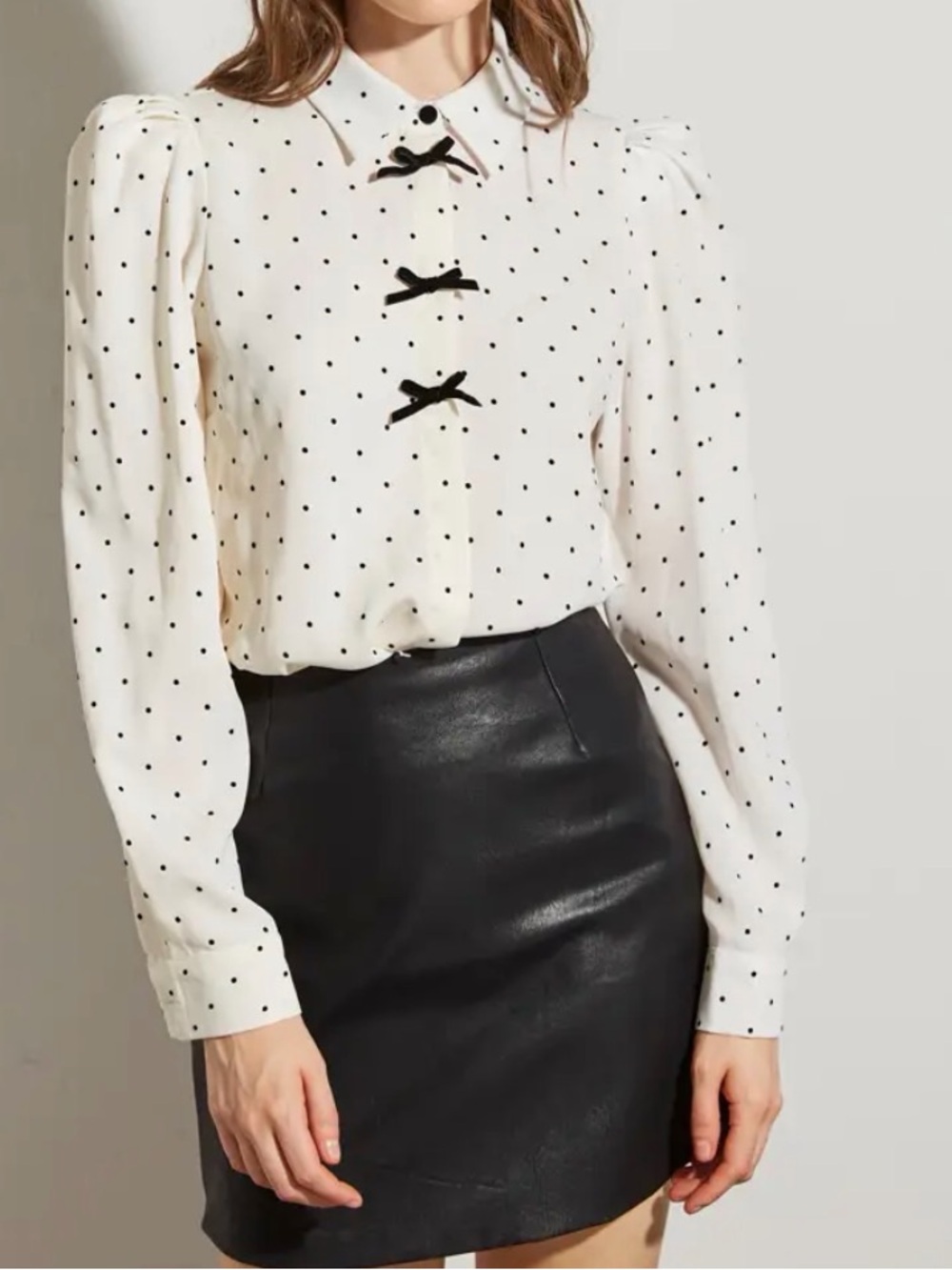 Polka Dot Button-Up Blouse with Bow Accents - Cream & Black